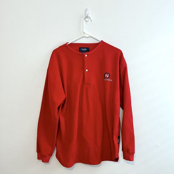 Nautica Plaid Fleece Sweater Henley Sleepwear Long Sleeve Red VTG Y2K Sz L - Picture 1 of 5